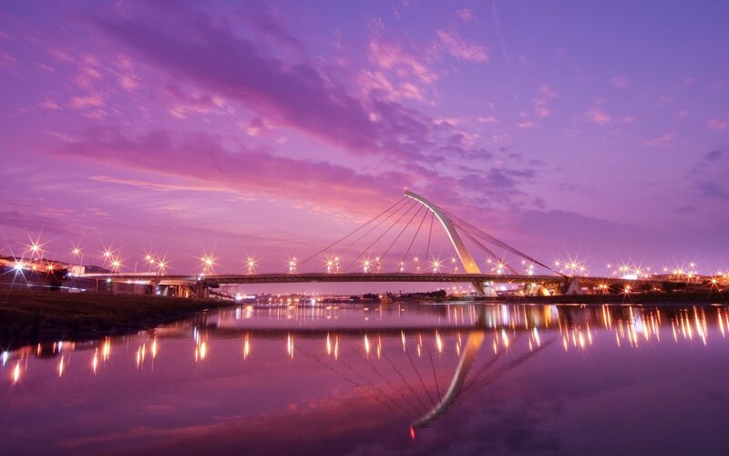 Sunset over Cable-stayed Bridge — Purple, Serene, Photograph, River, Sky, Pink