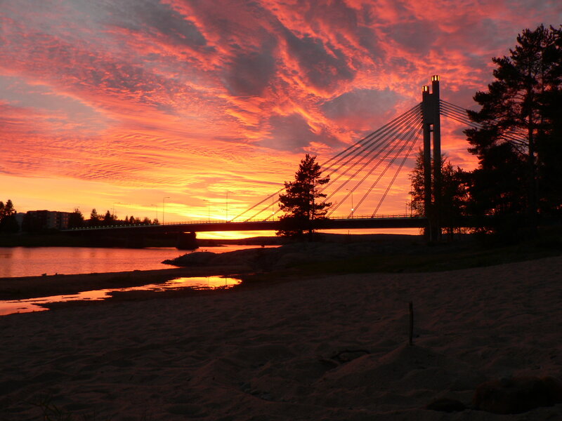 Sunset over Cable-stayed Bridge — Red, Dramatic, Photograph