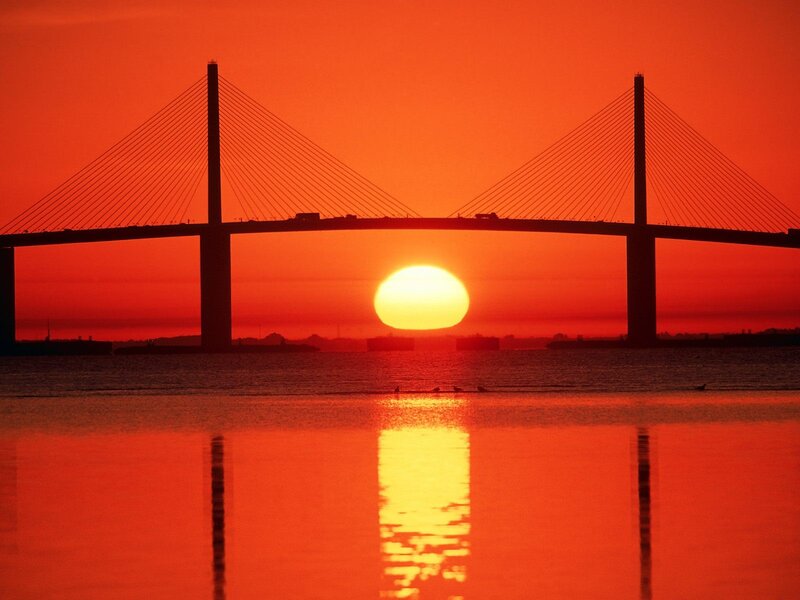Sunset over Cable-stayed Bridge — Red, Dramatic