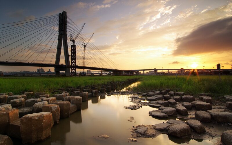 Sunset over Cable-stayed Bridge — Yellow