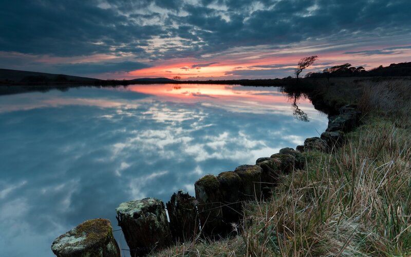 Sunset over Calm Lake — Blue, Serene, Photograph, Clouds