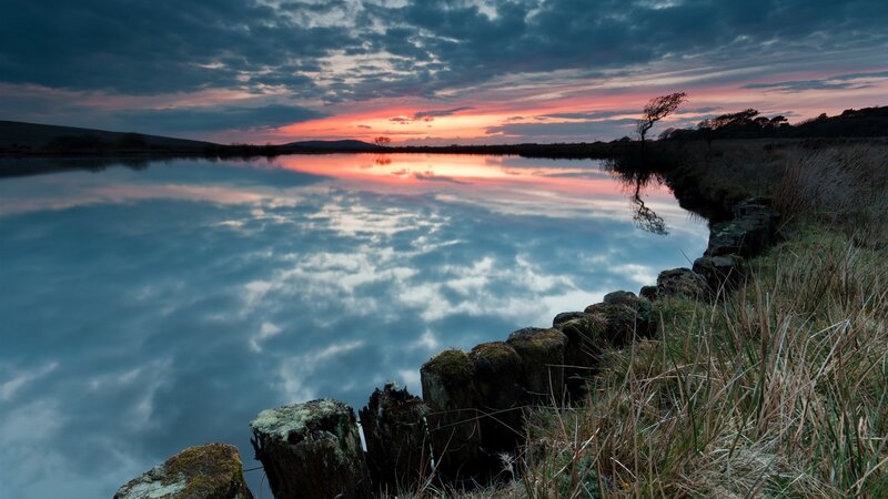 Sunset over Calm Lake — Blue, Serene, Photograph