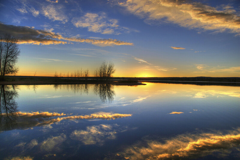 Sunset over Calm Lake — Blue, Serene, Photograph, Trees, Sky, Reflection