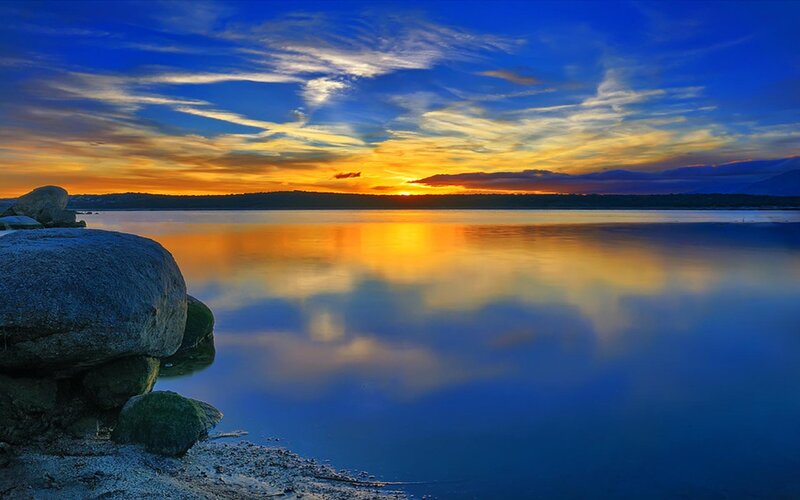 Sunset over Calm Lake — Blue