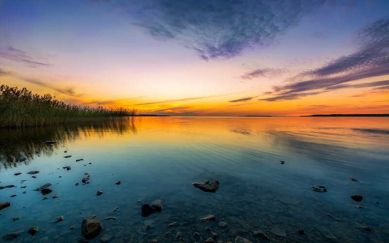 Sunset over Calm Lake — Orange, Serene, Photograph, Reeds