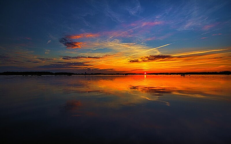 Sunset over Calm Lake — Orange, Serene, Photograph, Sky, Clouds, Sun