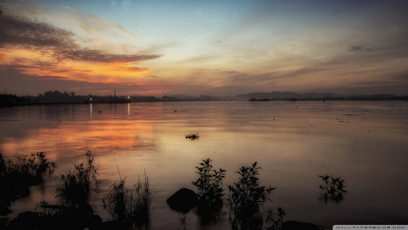Sunset over Calm Lake — Orange, Serene, Photograph, Sky