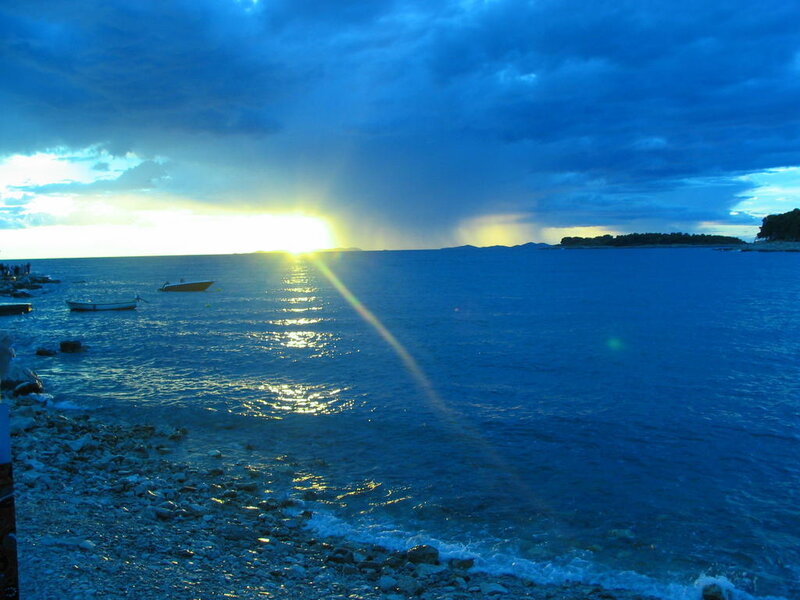Sunset over Calm Sea — Blue, Dramatic, Photograph, Boats