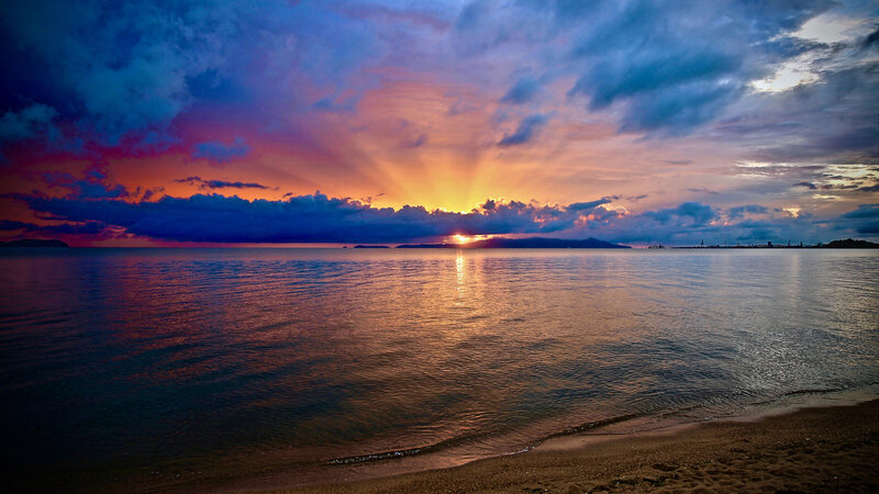 Sunset over Calm Sea — Blue, Dramatic, Photograph