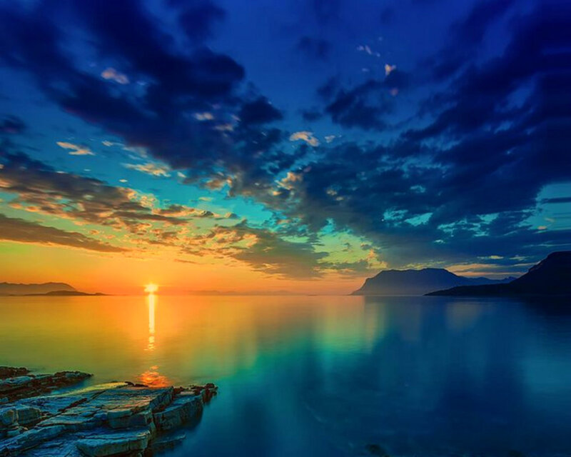 Sunset over Calm Sea — Blue, Serene, Photograph, Mountains