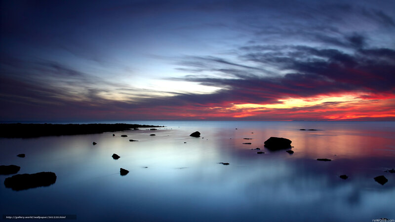 Sunset over Calm Sea — Blue, Serene, Photograph, Rocks