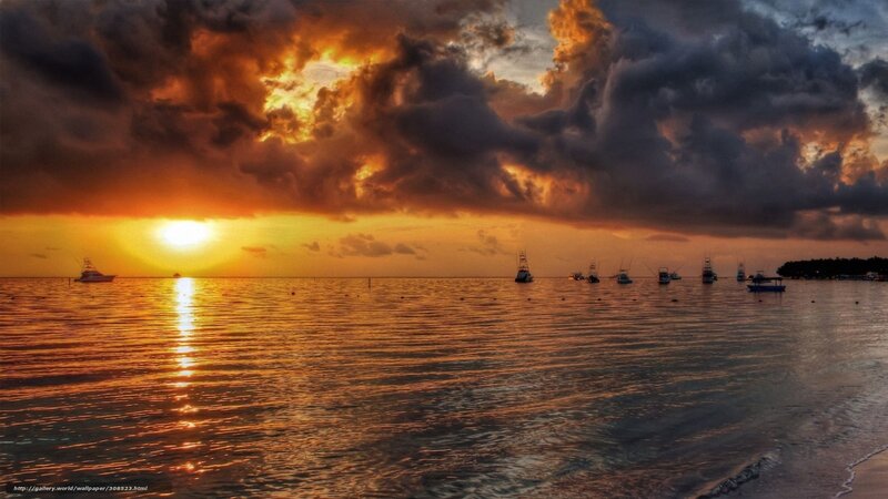Sunset over Calm Sea — Orange, Dramatic, Photograph, Boats, Clouds