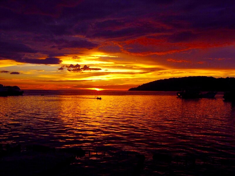 Sunset over Calm Sea — Orange, Dramatic, Photograph, Boats