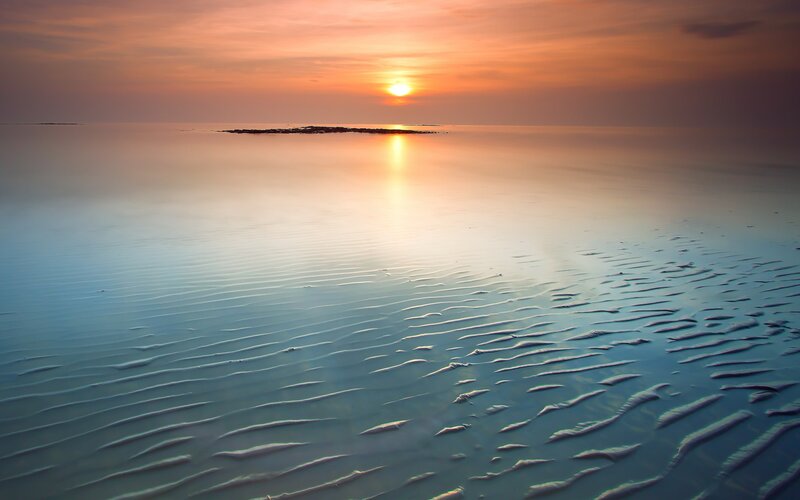 Sunset over Calm Sea — Orange, Serene, Photograph, Island, Sky