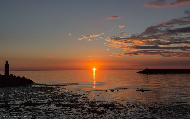 Sunset over Calm Sea — Orange, Serene, Photograph, Sun, Clouds