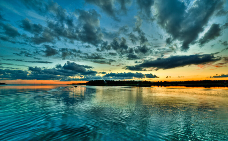 Sunset over Calm Water — Blue, Dramatic, Photograph, Clouds, Boat