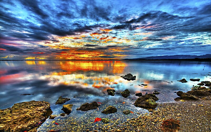 Sunset over Calm Water — Blue, Dramatic, Photograph