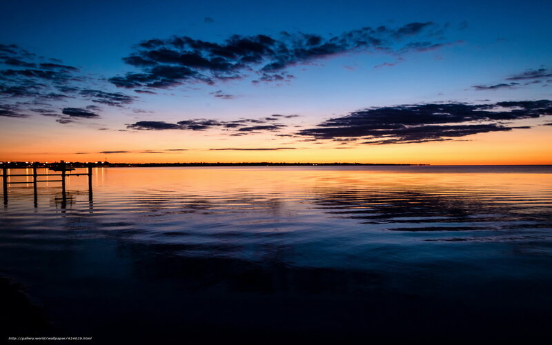 Sunset over Calm Water — Blue, Serene, Photograph, Dock