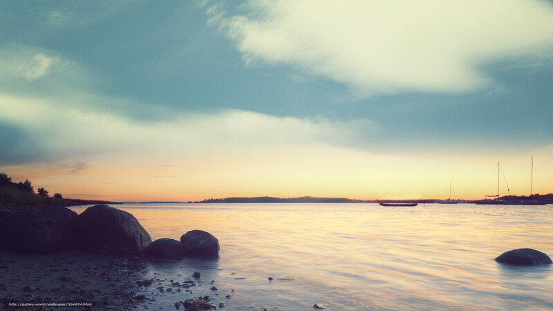 Sunset over Calm Water — Blue, Serene, Photograph, Rocks
