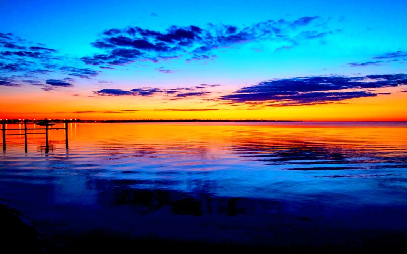 Sunset over Calm Water — Blue, Serene, Photograph, Sky, Clouds, Pier