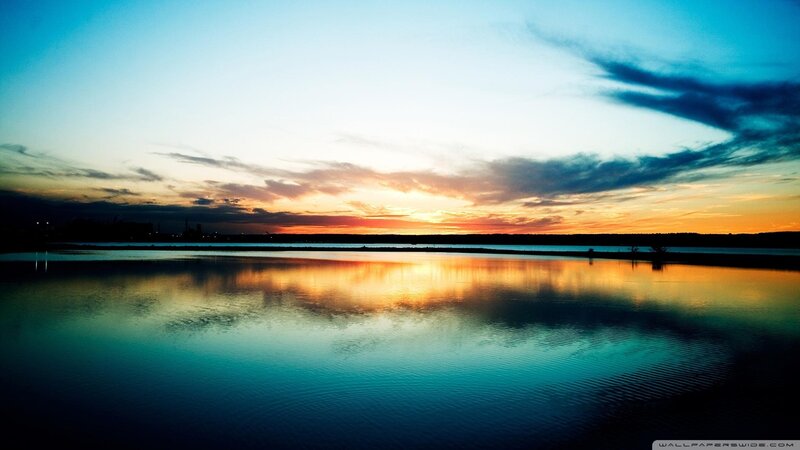 Sunset over Calm Water — Blue, Serene, Photograph, Sky, Clouds, Reflection