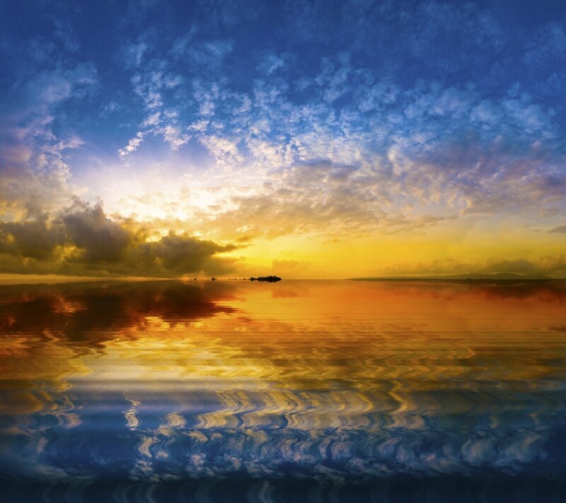 Sunset over Calm Water — Blue, Serene, Photograph, Sky, Clouds, Reflection, Yellow