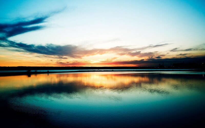 Sunset over Calm Water — Blue, Serene, Photograph, Sky, Clouds