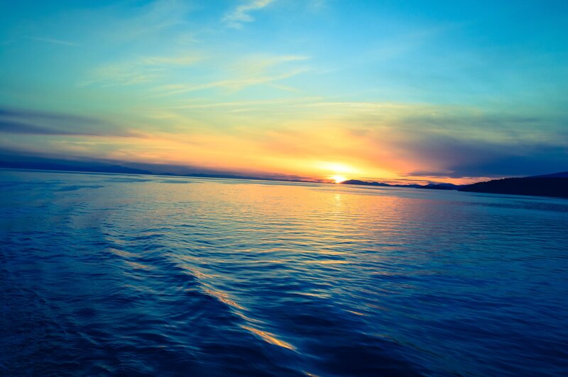 Sunset over Calm Water — Blue, Serene, Photograph, Sky, Mountains, Reflection