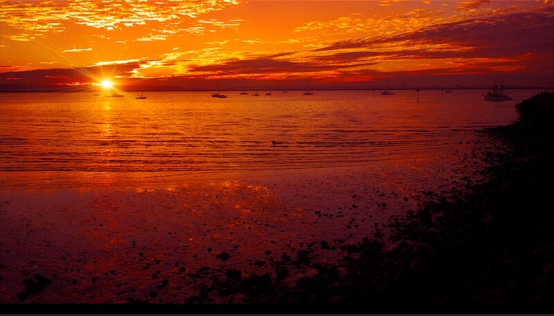 Sunset over Calm Water — Orange, Dramatic, Photograph, Boats