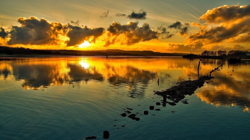 Sunset over Calm Water — Orange, Dramatic, Photograph, Clouds, Sun