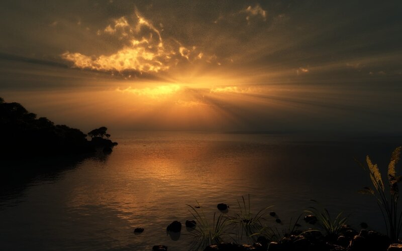 Sunset over Calm Water — Orange, Dramatic, Photograph, Clouds