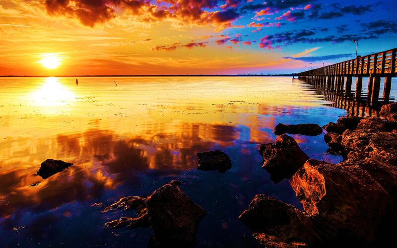 Sunset over Calm Water — Orange, Dramatic, Photograph, Pier