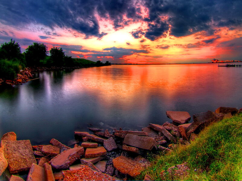 Sunset over Calm Water — Orange, Dramatic, Photograph, Rocks, Trees