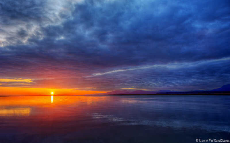 Sunset over Calm Water — Orange, Dramatic, Photograph, Sun, Clouds, Mountains