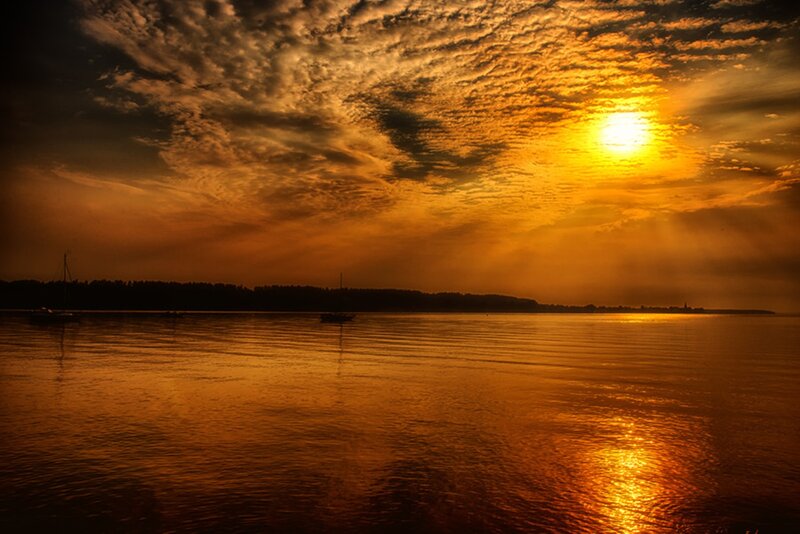 Sunset over Calm Water — Orange, Dramatic, Photograph, Sun, Clouds