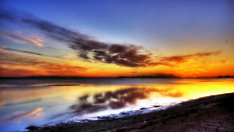 Sunset over Calm Water — Orange, Serene, Photograph, Clouds, Beach