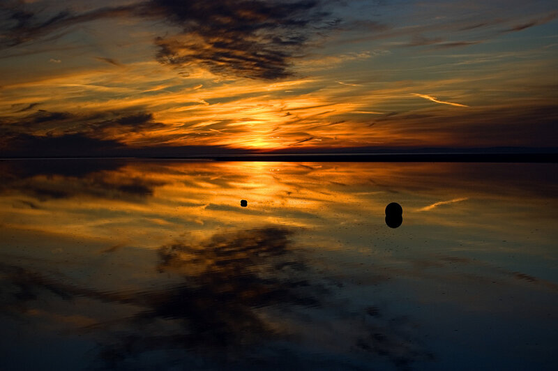 Sunset over Calm Water — Orange, Serene, Photograph, Clouds, Buoys