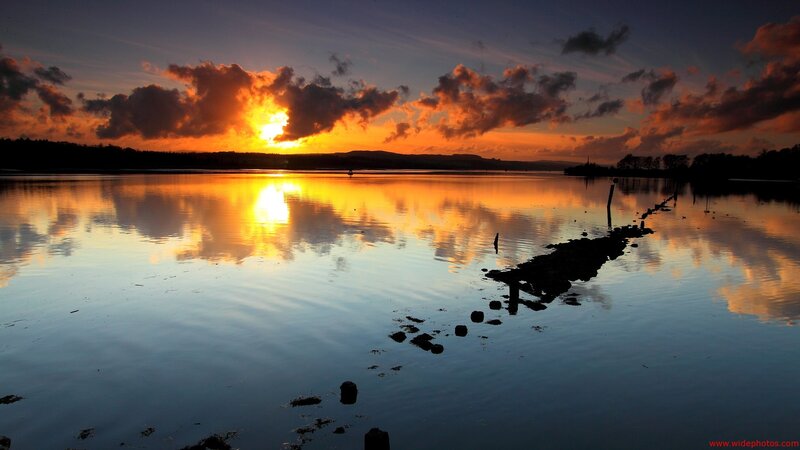 Sunset over Calm Water — Orange, Serene, Photograph, Clouds, Reflection