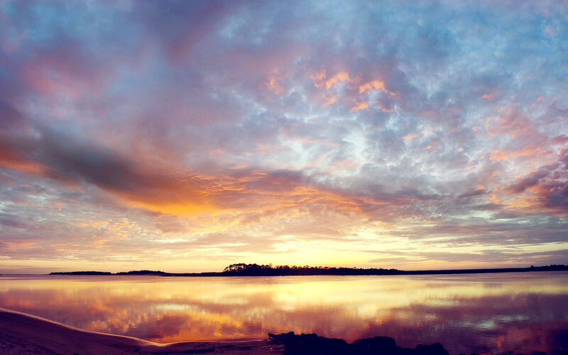Sunset over Calm Water — Orange, Serene, Photograph, Clouds, Sky