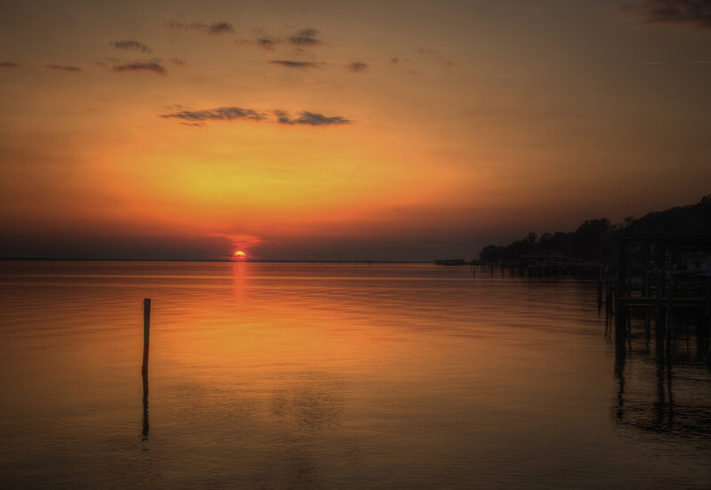 Sunset over Calm Water — Orange, Serene, Photograph, Dock
