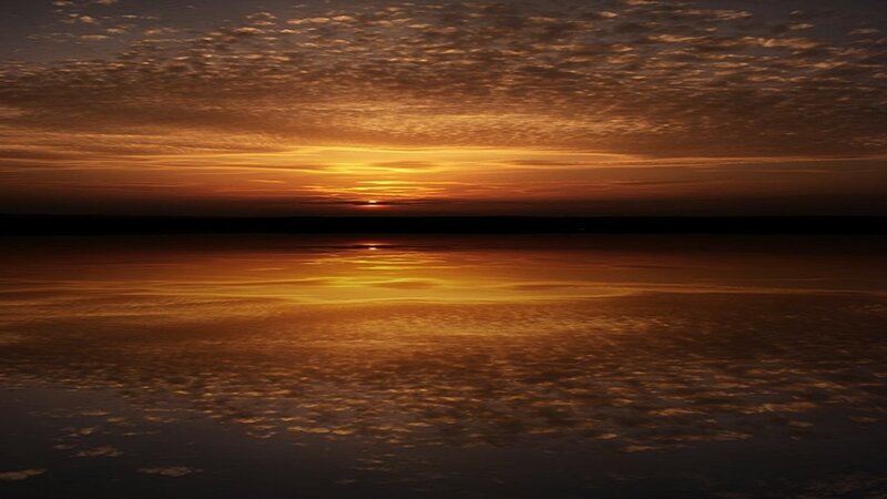 Sunset over Calm Water — Orange, Serene, Photograph, Sky, Clouds, Horizon