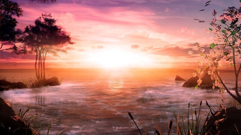 Sunset over Calm Water — Pink, Serene, Digital Art