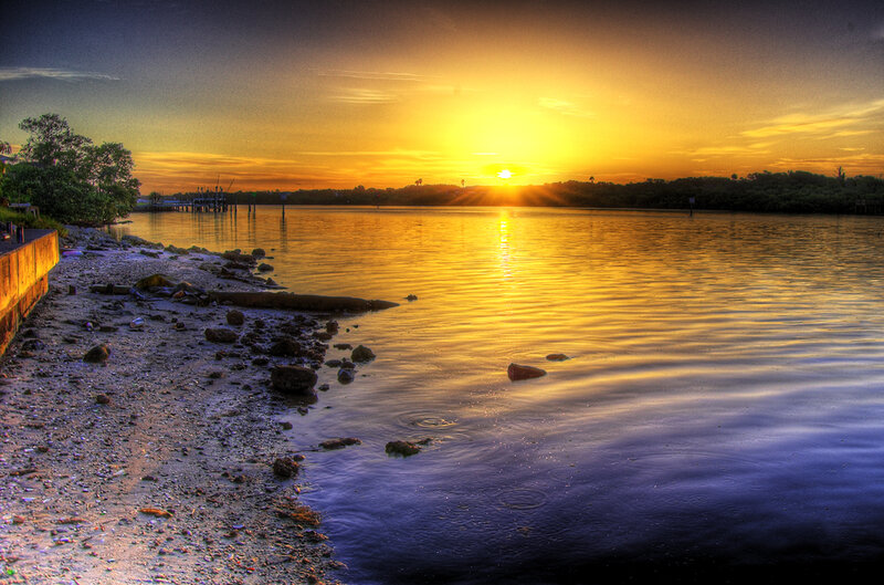 Sunset over Calm Water — Yellow, Serene, Photograph, Shoreline