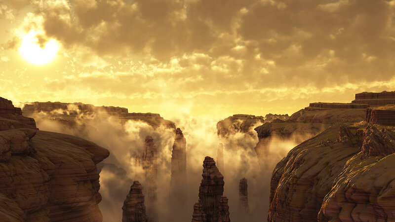 Sunset over canyon pillars