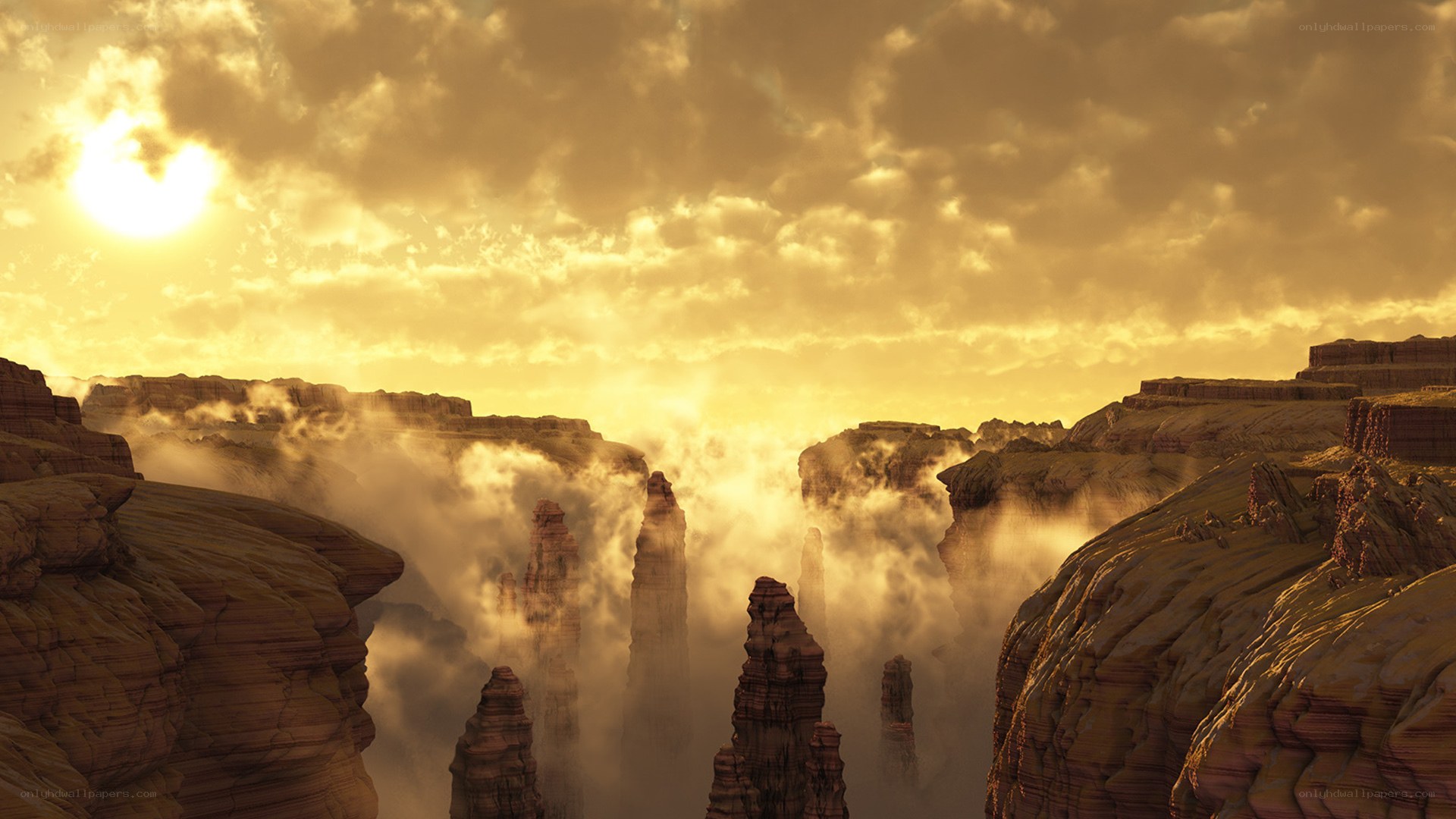 Sunset over canyon pillars