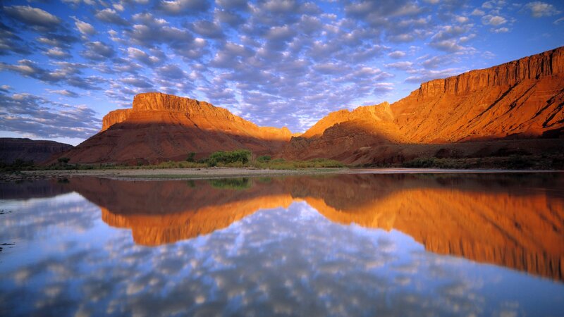 Sunset over canyon river