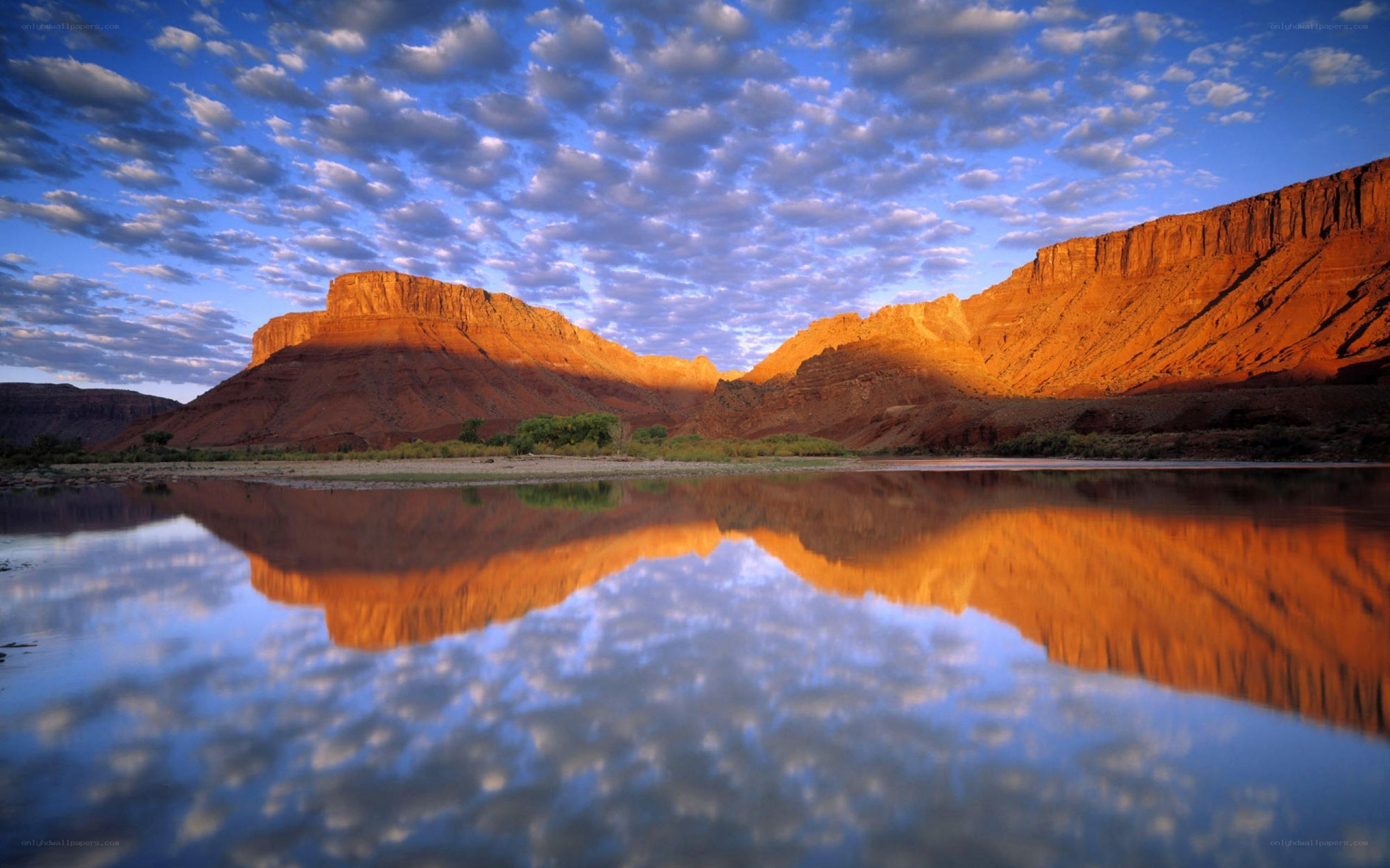 Sunset over canyon river