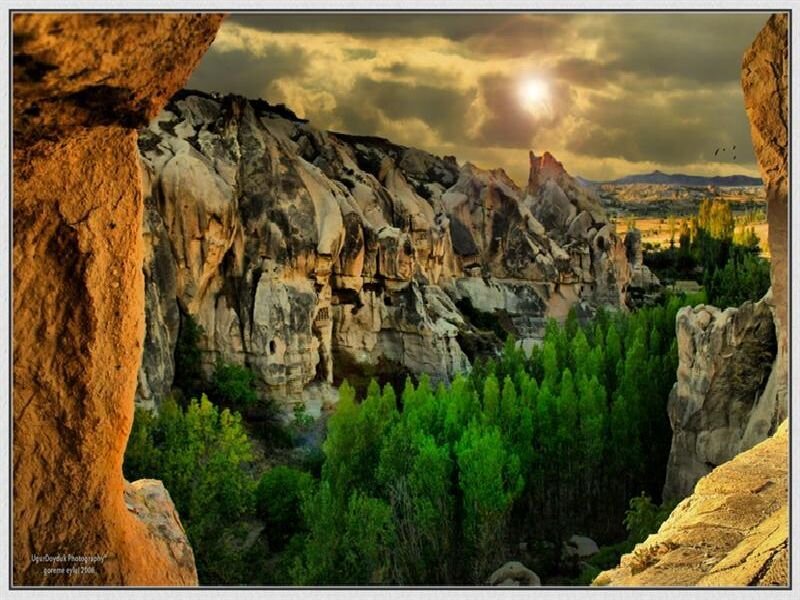 Sunset over Cappadocia rock formations