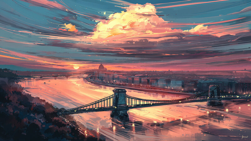 Sunset over City Bridge — Orange, Dramatic, Digital Art