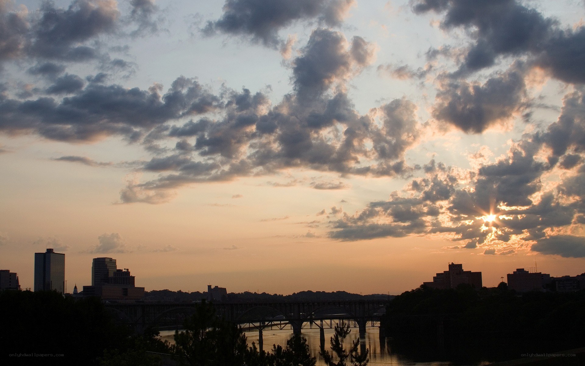 sunset over city skyline